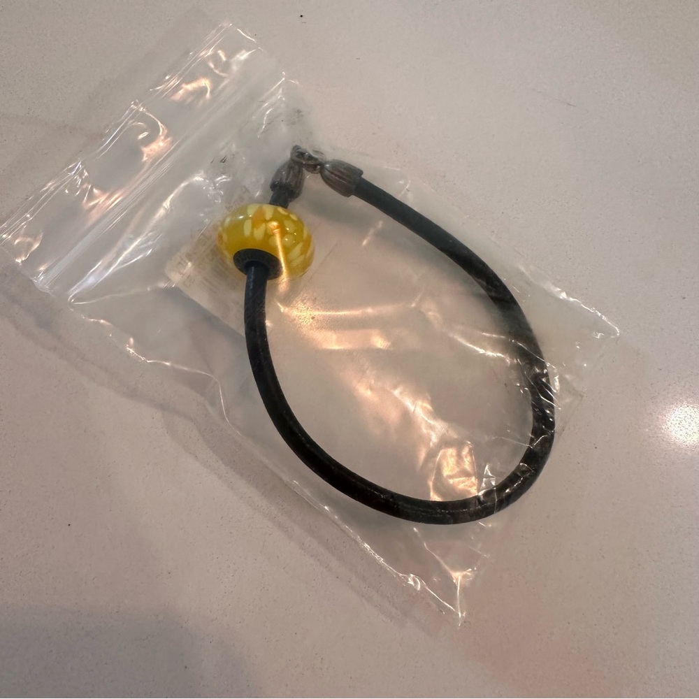 New Pandora Leather Bracelet Yellow Blossom Glass Charm Sterling Clasp